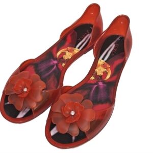 Furla Candy Jelly Flat Peep Toe Sandals Red Orange With Flower Size 39 / 8 - 8.5